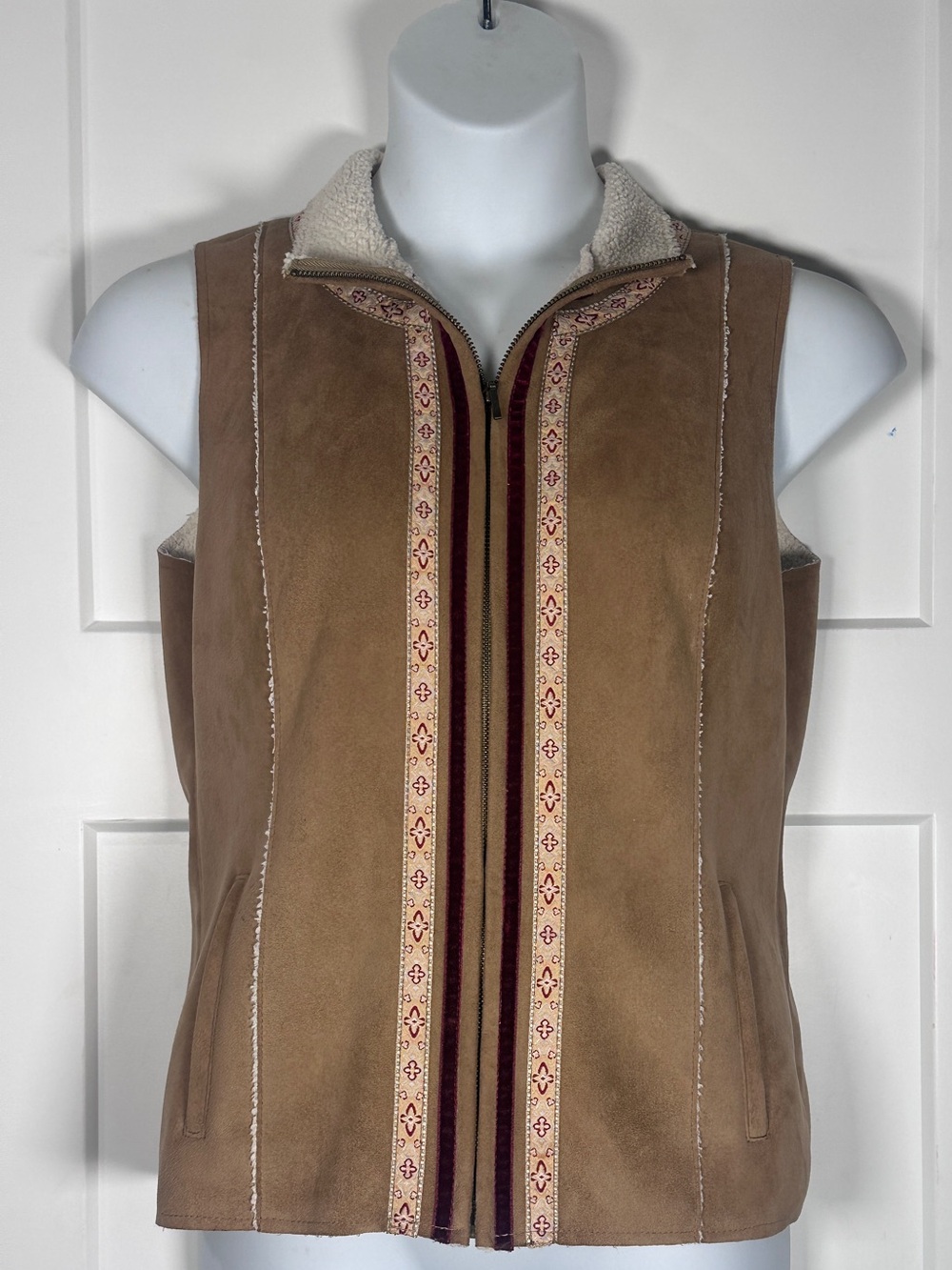 Christopher & Banks Tan Suede Shearling-Trim Vest Fall Western Wear